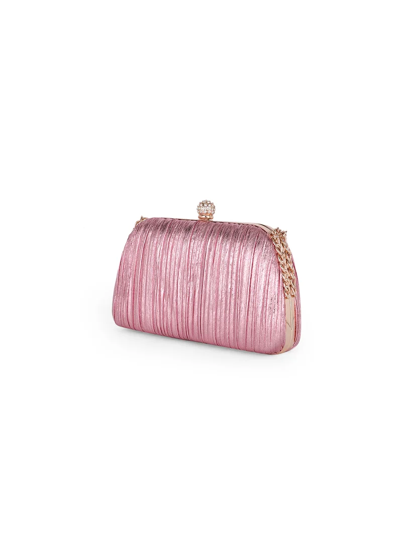 جلو باص Globus Women Pink Shiny Curve Shape Fringed Party Clutch With Detachable Chain Strap